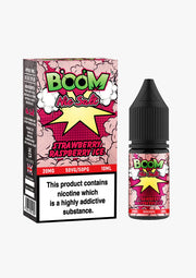 A product image showing a bottle of Boom Nic Salt E Liquid with Strawberry Raspberry Ice flavor. The packaging is predominantly pink and red with graphic illustrations and text indicating the flavor and nicotine strengths.